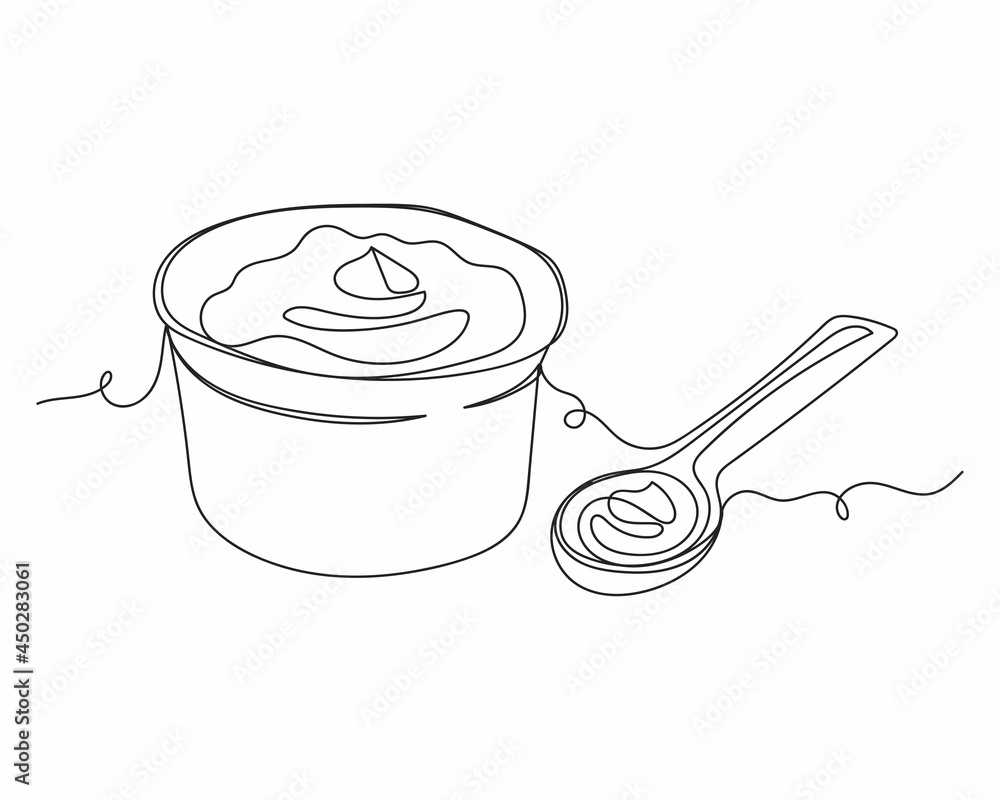 Continuous one line drawing of greek yogurt or cream in a bowl with