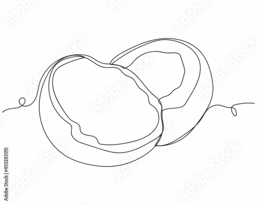 Continuous one line drawing of coconut slice in silhouette on a white background. Linear stylized.Minimalist.
