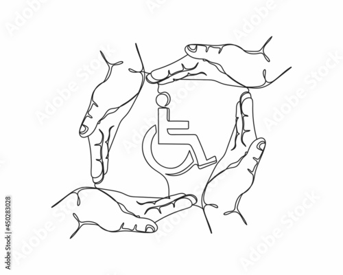 Continuous one line drawing of disabled icon worker injury and disability hands protecting in silhouette on a white background. Linear stylized.Minimalist.
