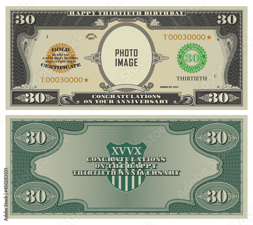 30th anniversary. Sample of the reverse and obverse of paper bills in the retro style of US dollars. Your photo and image