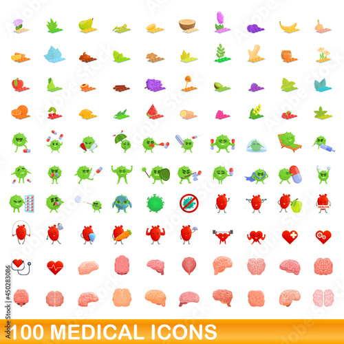 Fototapeta Naklejka Na Ścianę i Meble -  100 medical icons set. Cartoon illustration of 100 medical icons vector set isolated on white background