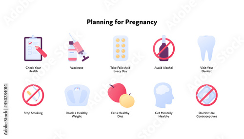Planning for pregnancy concept. Vector flat color icon illustration set. Step to baby infographic. Design element