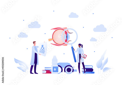 Ophthalmology and eye disease concept. Vector flat healthcare illustration. Male female ophthalmologist doctor team with equipment. Eyeball, chart, drops, book symbol. Design for health care.