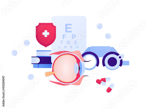 Ophthalmology and eye disease concept. Vector flat healthcare illustration. Eyeglasses exam, chart, book, pills symbol. Design for health care, pharmacy
