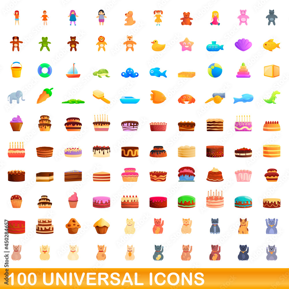 Naklejka premium 100 universal icons set. Cartoon illustration of 100 universal icons vector set isolated on white background