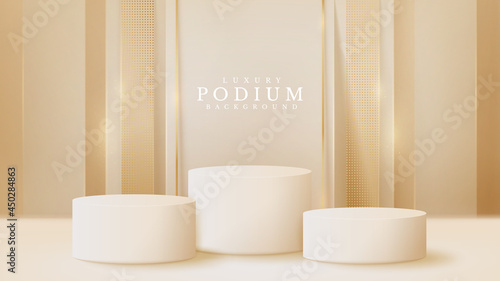White podium display product and sparkle golden line scene, Realistic 3d luxury style background, vector illustration for promoting sales and marketing.