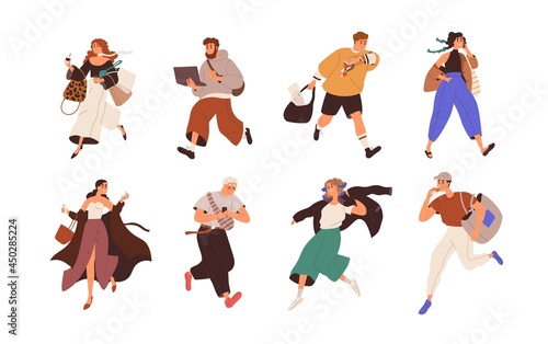 Busy people are late  running fast  hurrying and doing business on the fly. Set of man and woman rushing  working and talking on phone on the go. Flat vector illustration isolated on white background
