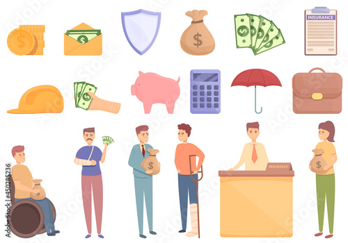 Compensation icons set cartoon vector. Pension money. Fund plan