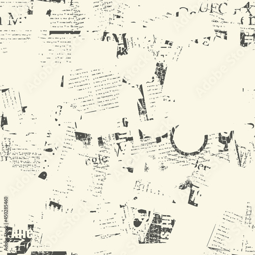Abstract seamless pattern with fragments of illegible newspaper text and titles on a light backdrop. Chaotic monochrome vector background in grunge style. Wallpaper, wrapping paper or fabric design