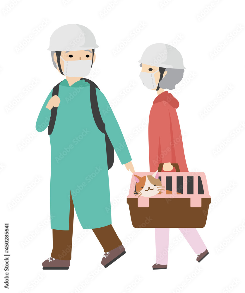 Obraz premium 災害に備えてペットと一緒に避難を始める高齢夫婦(マスク)