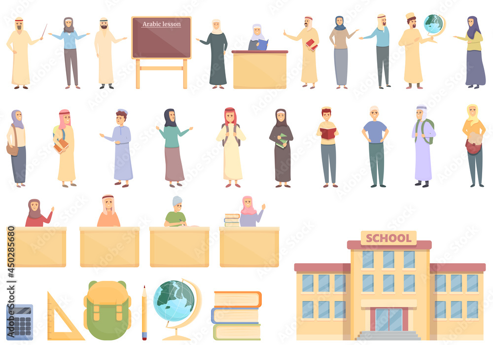 Arabic lessons icons set cartoon vector. Arab joy. Children school Arabic lessons icons set cartoon vector. Arab joy. Children school