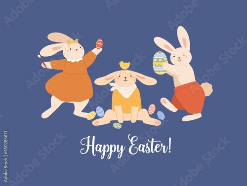 Eastern greeting card with funny rabbits and Happy Easter inscription. Horizontal postcard with cute and happy bunnies and painted eggs. Colored flat vector illustration