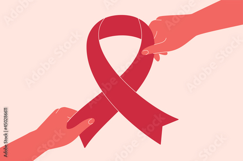 Pink or red ribbon is passing from hand to hand. Breast cancer awareness concept with human arms giving big pink ribbon. Aids symbol. Medical vector illustration.