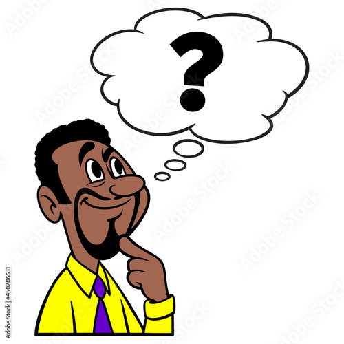 Man thinking about Questions - A cartoon illustration of a man thinking about unanswered questions.