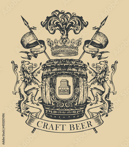Hand-drawn banner for craft beer with a coat of arms in vintage style. Black and white vector brewery emblem with a wooden barrel, lions, flags, spears, crown and old building on a knightly shield