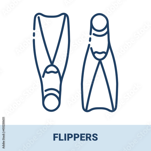 Swimming flippers outline monochrome icon with title. Concept of travel, summer vacation and rest. Vector monochrome illustrations isolated on white background.