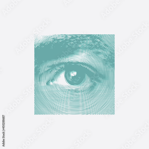 A square banner or poster with a wide-open male eye and eyebrow in close-up, made of circles on a light background. Abstract vector illustration in turquoise tones.