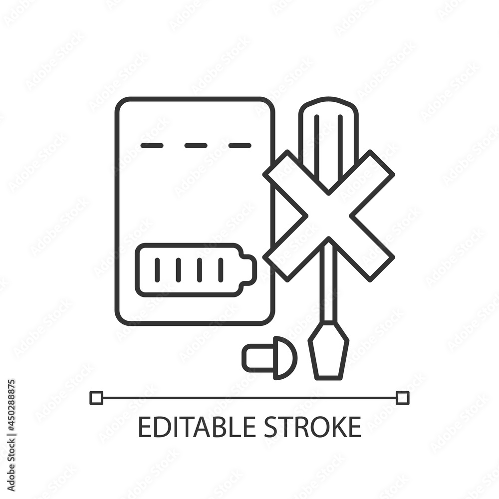 Dont disassemble powerbank linear manual label icon. Dont dismantle. Thin line customizable illustration. Contour symbol. Vector isolated outline drawing for product use instructions. Editable stroke Dont disassemble powerbank linear manual label icon. Dont dismantle. Thin line customizable illustration. Contour symbol. Vector isolated outline drawing for product use instructions. Editable stroke