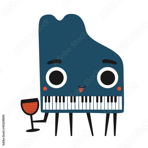 Vector illustration with piano holding glass of red wine. Funny music concert flyer template
