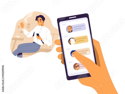 Smiling guy surfing internet use smartphone during smoking vector flat illustration. Human hand holding mobile with contacts or messages on screen isolated on white. Happy man chatting enjoying break