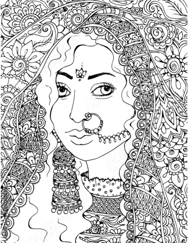 Indian woman adults coloring page book black and white outline ethnic ornament