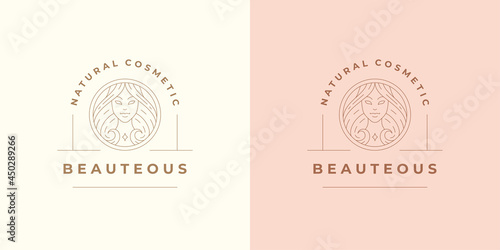 Beauty female portrait logo emblem design template vector illustration in minimal line art style