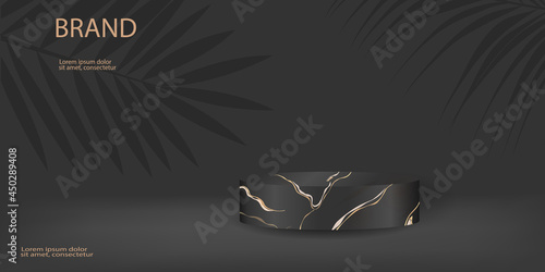 Background with a black marble podium. Realistic vector illustration.