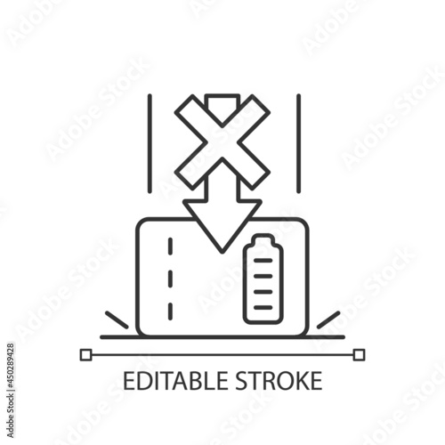 Dont drop powerbank linear manual label icon. Fragile content damage. Thin line customizable illustration. Contour symbol. Vector isolated outline drawing for product use instructions. Editable stroke