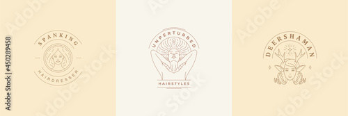 Vector logos and emblems design templates set with magic woman faces illustrations simple minimal line style