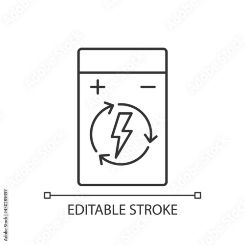 Rechargeable lithium polymer battery linear manual label icon. Thin line customizable illustration. Contour symbol. Vector isolated outline drawing for product use instructions. Editable stroke