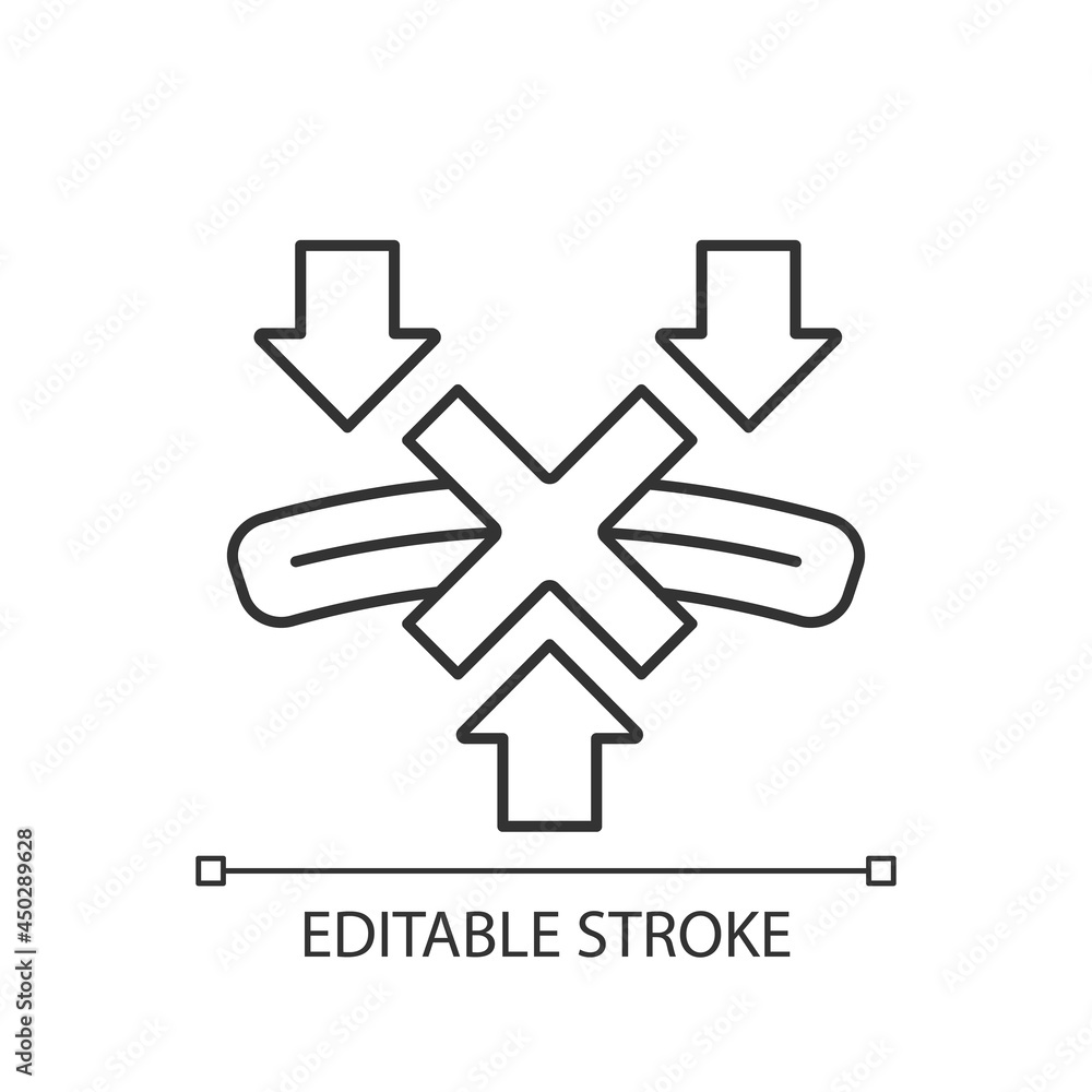 Obraz premium Dont bend powerbank linear manual label icon. Cracked external shell. Thin line customizable illustration. Contour symbol. Vector isolated outline drawing for product use instructions. Editable stroke