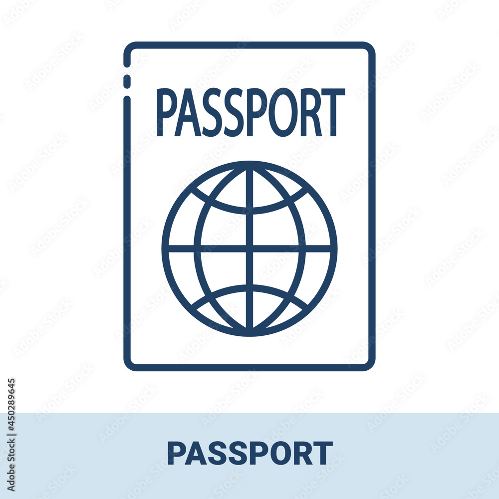 Passport outline monochrome icon with title. Concept of travel, summer vacation and rest. Vector monochrome illustrations isolated on white background. Passport outline monochrome icon with title. Concept of travel, summer vacation and rest. Vector monochrome illustrations isolated on white background.