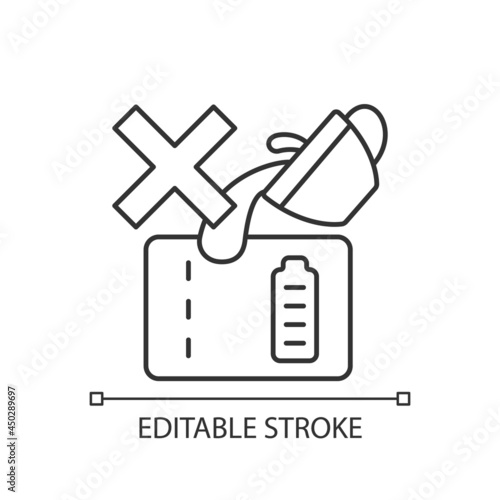 Dont spill on powerbank linear manual label icon. Mishandling use. Thin line customizable illustration. Contour symbol. Vector isolated outline drawing for product use instructions. Editable stroke