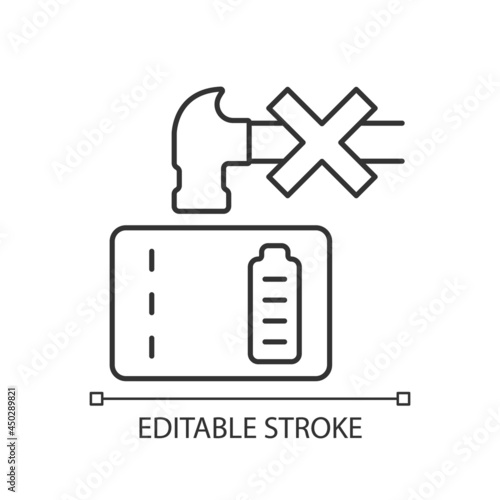 Dont crush powerbank linear manual label icon. Inadequate disposal. Thin line customizable illustration. Contour symbol. Vector isolated outline drawing for product use instructions. Editable stroke
