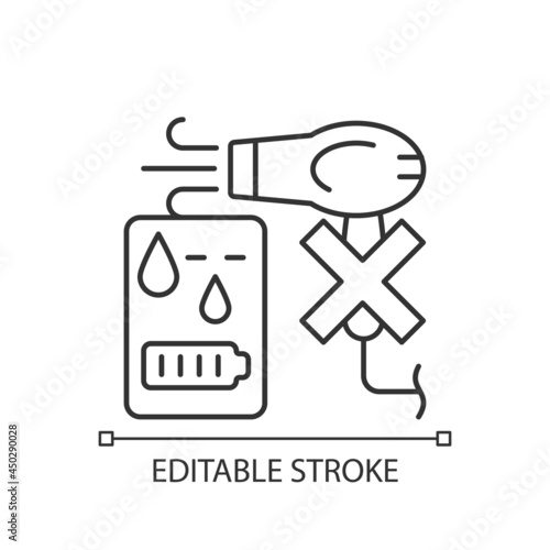 No hair dryer if powerbank wet linear manual label icon. Overheating. Thin line customizable illustration. Contour symbol. Vector isolated outline drawing for product use instructions. Editable stroke