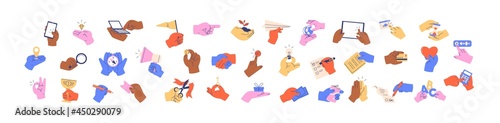 Set of colorful hands holding different objects, business papers, money, devices, credit cards, fingers pointing at screens, and gestures. Colored flat graphic vector illustration isolated on white