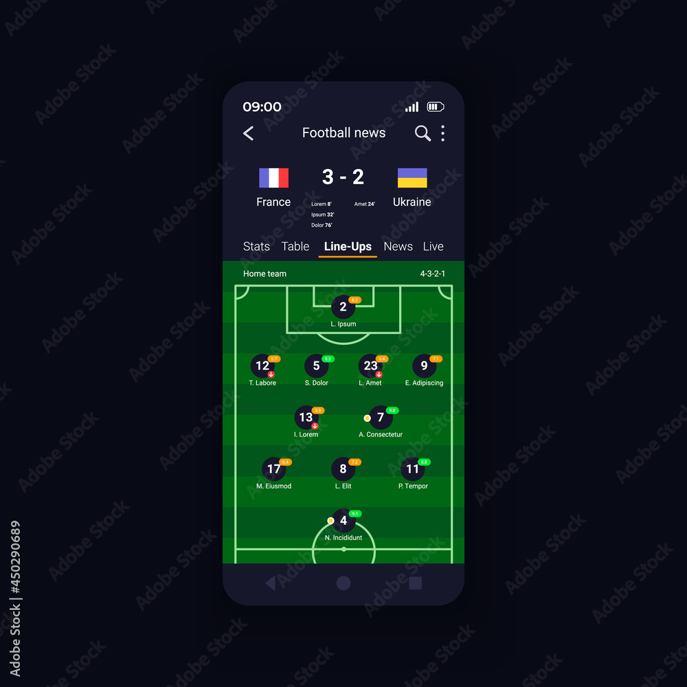 Live match football scores smartphone interface vector template. Mobile app page design layout. Official news feeds screen. TV schedule and audio commentary. Flat UI for application. Phone display