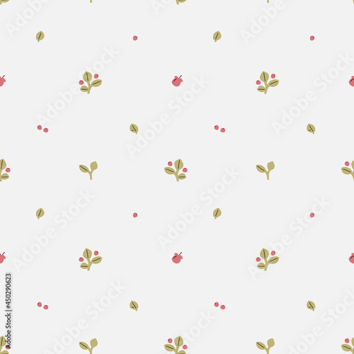 Minimalistic airy pattern with lingonberry berries and flowers. Forest autumn theme