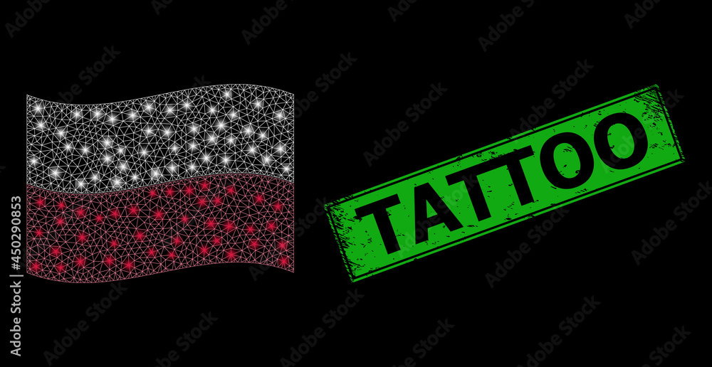 Glowing mesh polygonal waving Poland flag with glowing spots, and grunge Tattoo rectangle stamp. Green rectangle Tattoo textured stamp. Glowing mesh polygonal waving Poland flag with glowing spots, and grunge Tattoo rectangle stamp. Green rectangle Tattoo textured stamp.