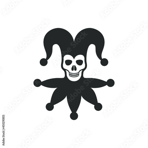 Skull in jester cap graphic icon. Joker vintage sign isolated on white background. Buffoon symbol. Vector illustration