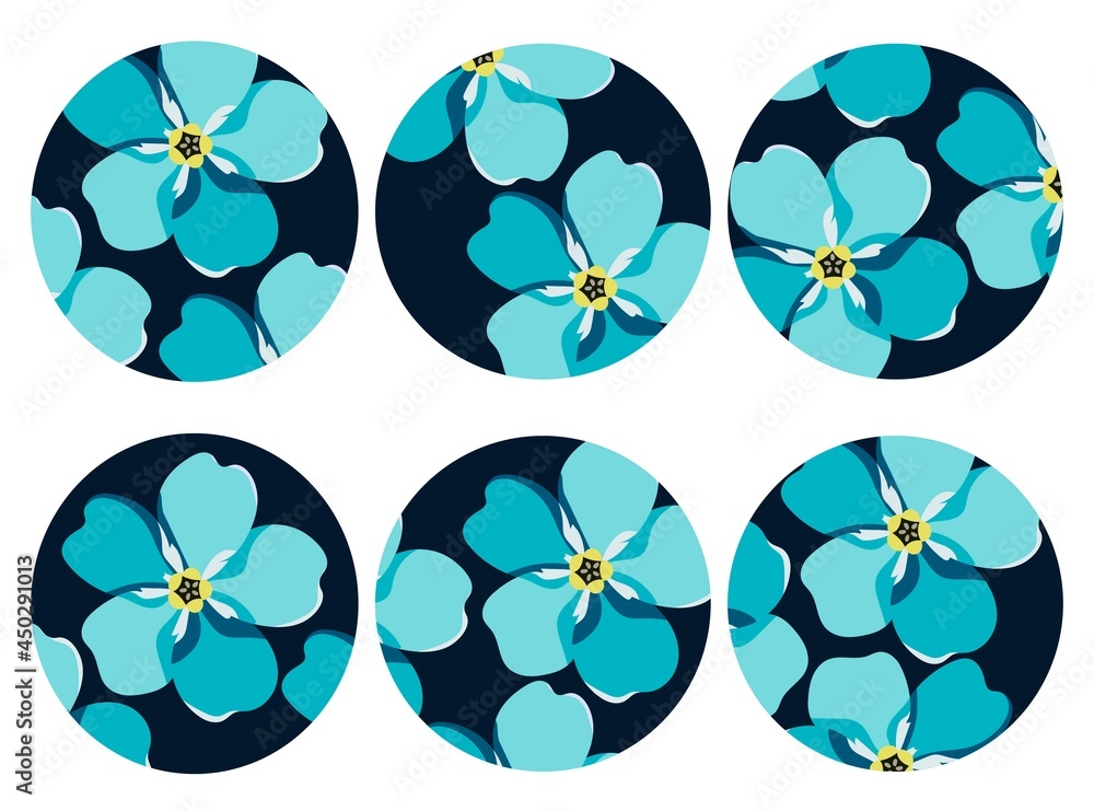 Vector template for highlighting social media covers. Stories. Vector illustration with blue forget-me-not flowers on a blue background. Round badges. Vector template for highlighting social media covers. Stories. Vector illustration with blue forget-me-not flowers on a blue background. Round badges.