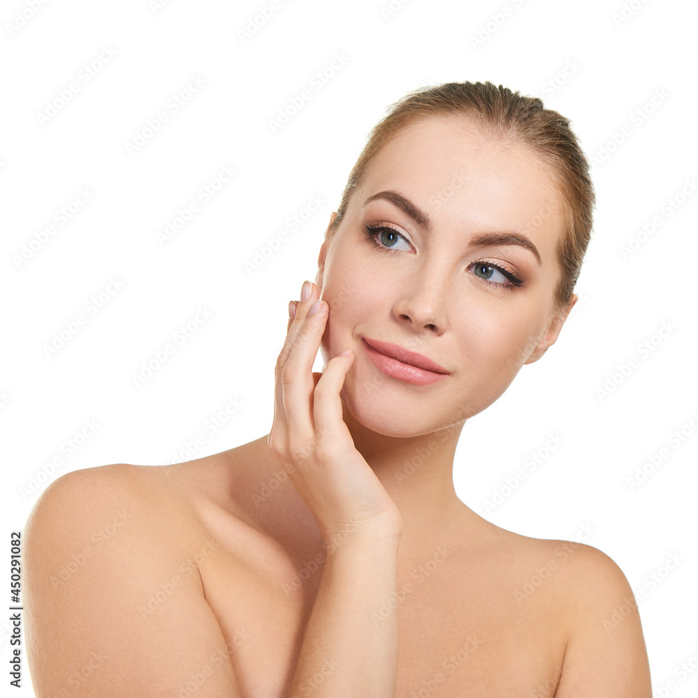 Young attractive woman with perfect make-up posing at studio over white background, beauty female portrait. Young attractive woman with perfect make-up posing at studio over white background, beauty female portrait.