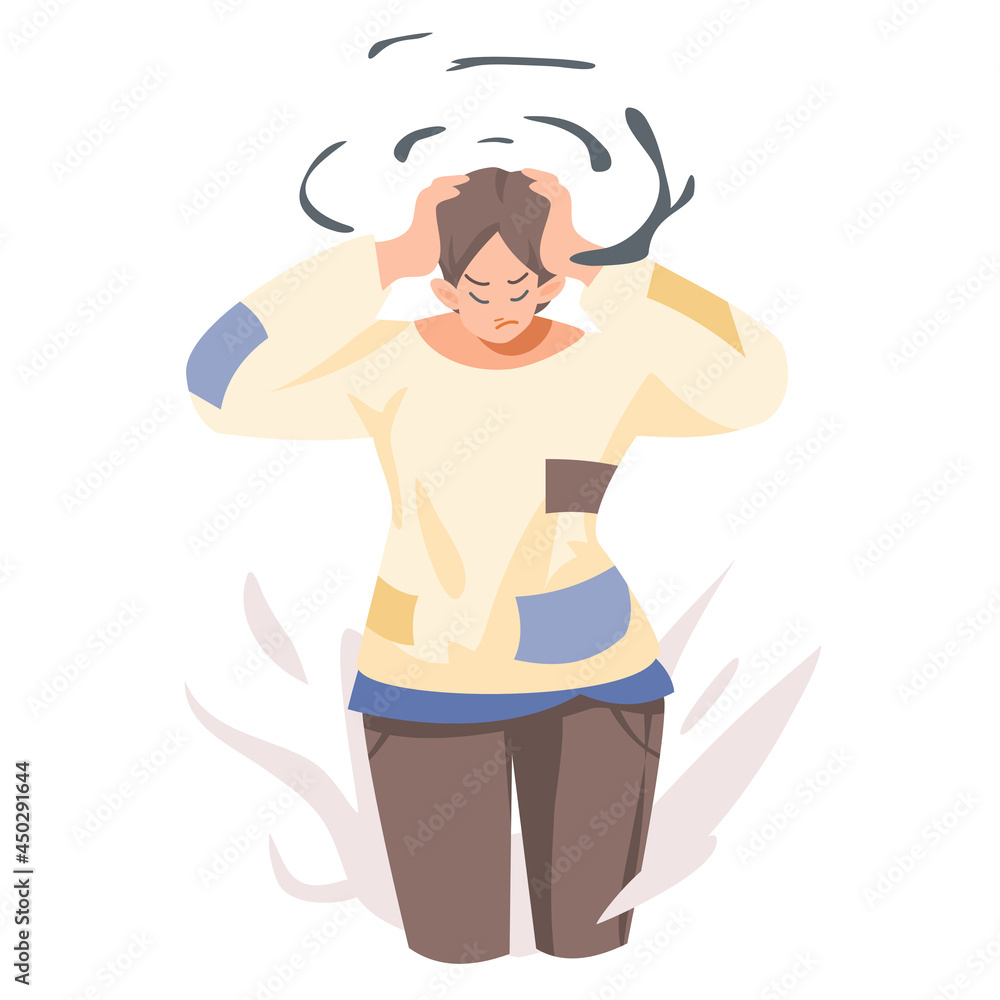 Characters serious thinking woman. concept of thoughts headache depression psychological and stress, cartoon flat lifestyle vector illustration