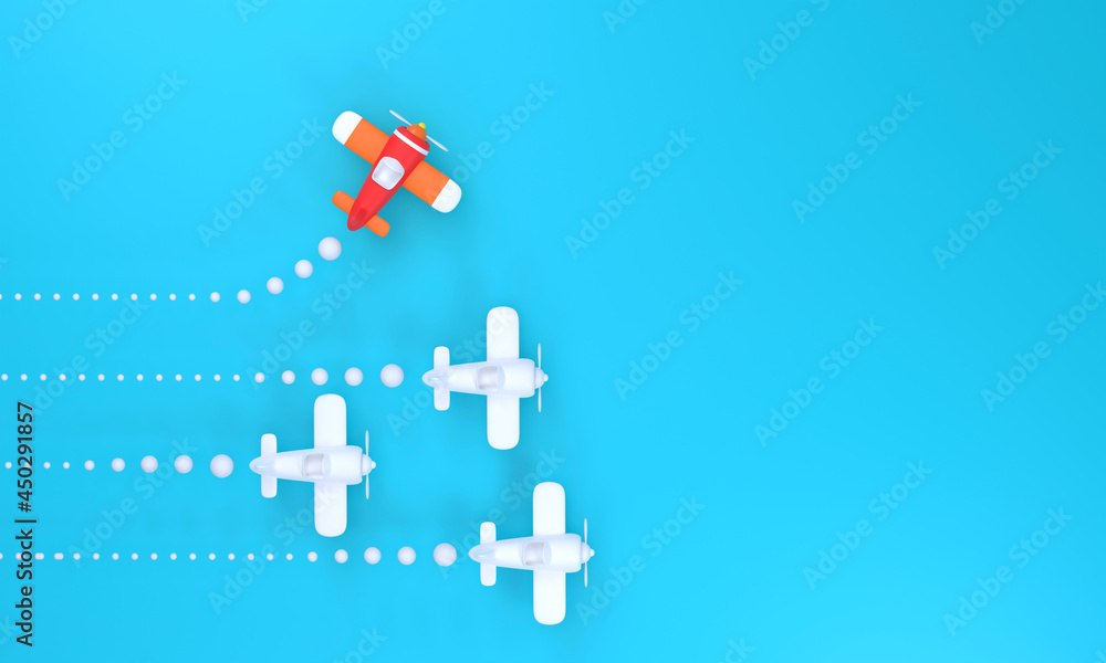 Obraz premium Group of white planes in one direction and one red plane pointing the other on a blue background. business for new ideas Creativity, innovation, independence and problem solving