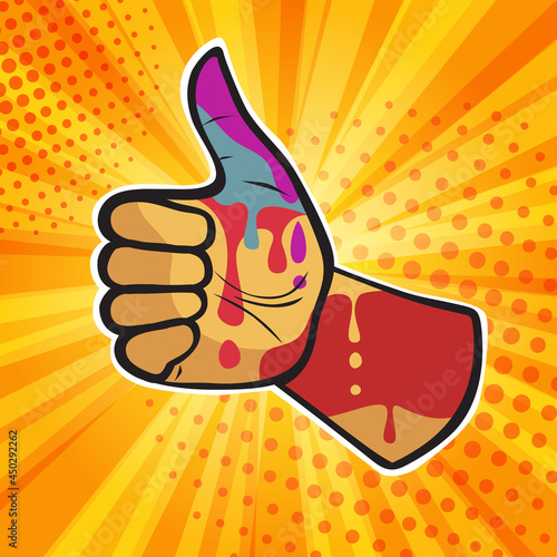 Thumb up gesture symbol of good luck and success, pop art illustration. Vector poster drawing in retro comic style.