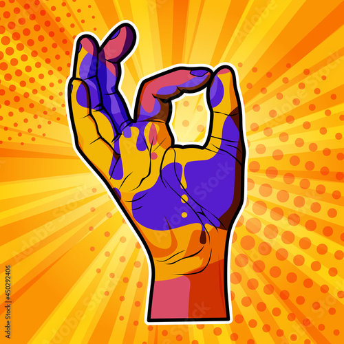 Ok gesture - symbol of good luck and success, pop art illustration. Vector poster drawing in retro comic style.