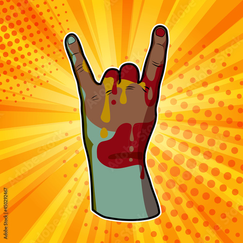 Cool horns hand gesture - symbol of fortune and trendy youth culture, pop art illustration. Vector poster drawing in retro comic style.