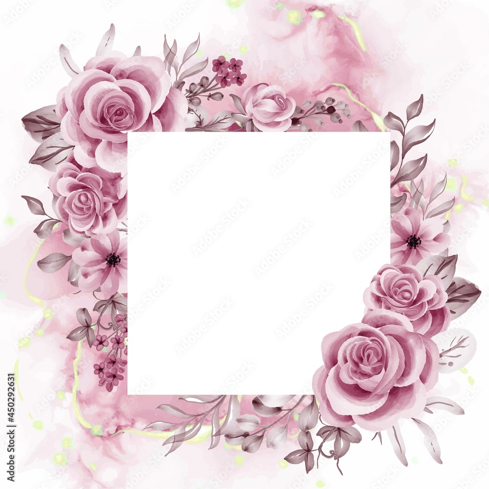 Watercolor background rose gold flowers and leaves with white space