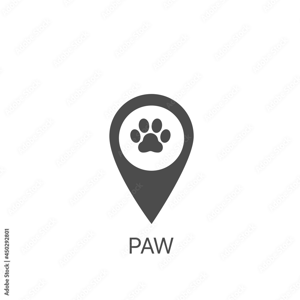 Paw vector icon. Pets here pinpoint icon. Pet shop map point sign Paw vector icon. Pets here pinpoint icon. Pet shop map point sign