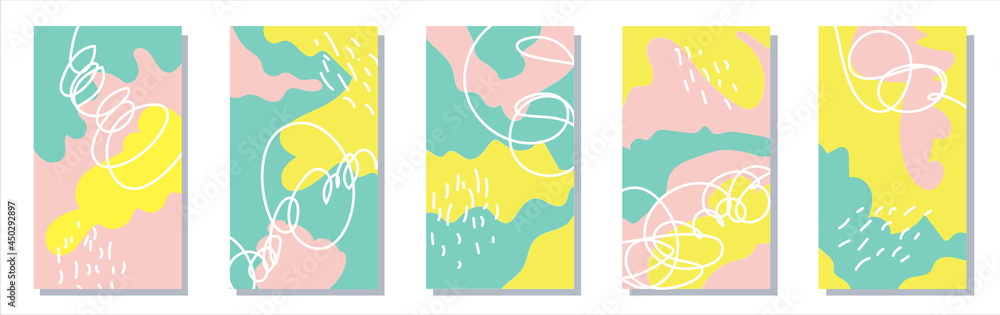 Abstract backgrounds for the history of social networks. Set of minimalistic backgrounds of shapes, lines and dots. Place for an inscription. Vector stock illustration. modern scribbles and spots.